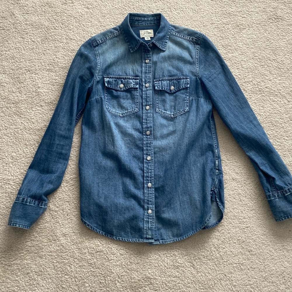 J Crew distressed denim button down shirt